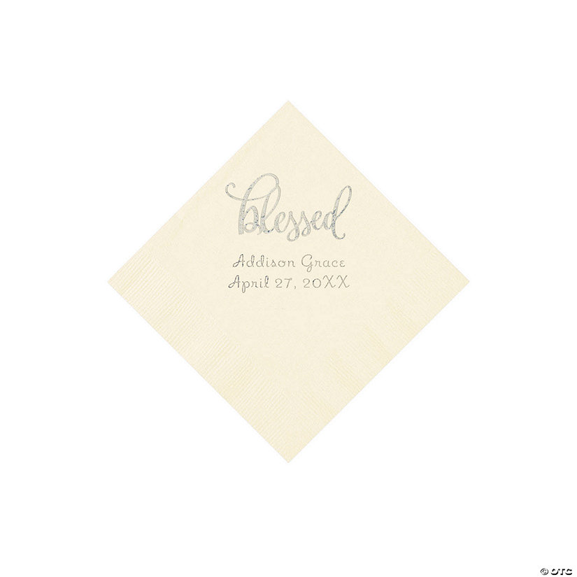 Ivory Blessed Personalized Napkins with Silver Foil - 50 Pc. Beverage Image