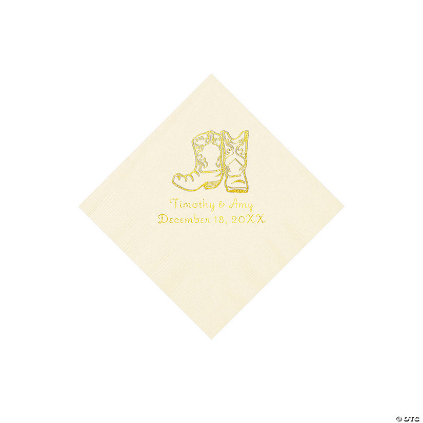 Ivory Cowboy Boots Personalized Napkins with Gold Foil - Beverage Image Thumbnail