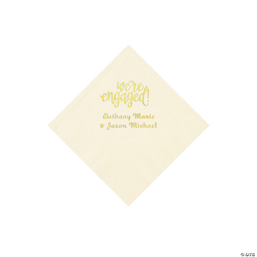Ivory Engaged Personalized Napkins with Gold Foil - Beverage Image Thumbnail