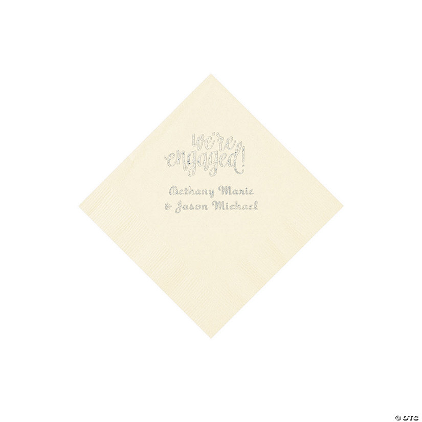 Ivory Engaged Personalized Napkins with Silver Foil - Beverage Image Thumbnail