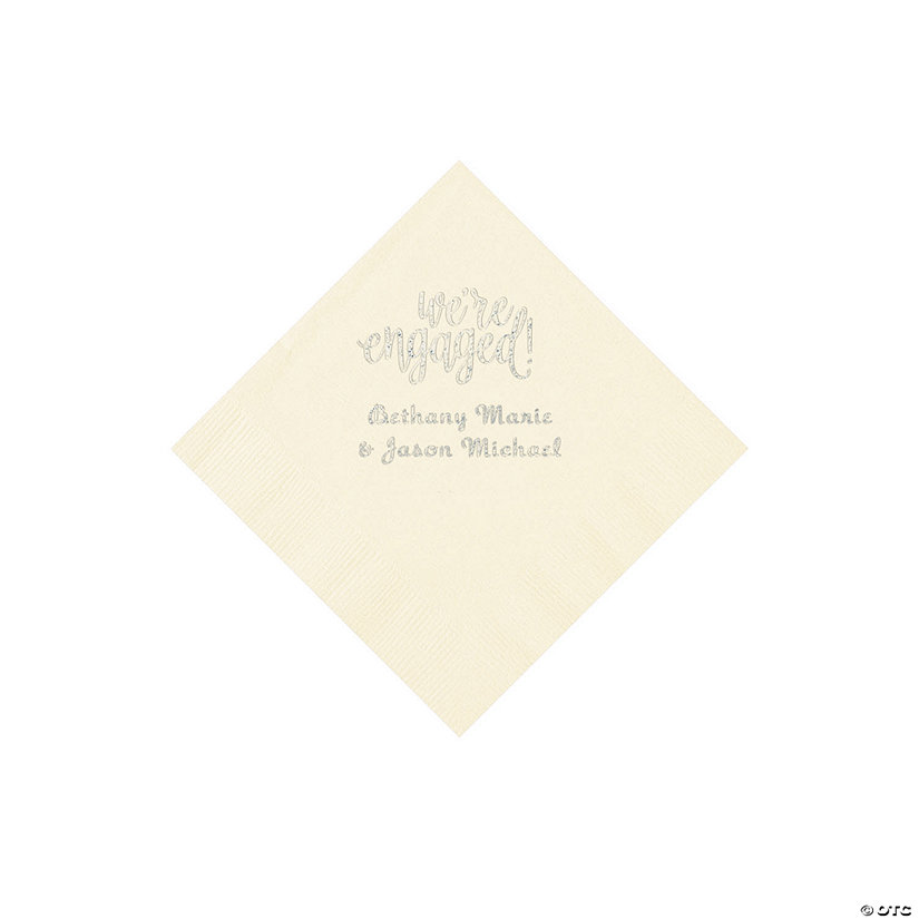 Ivory Engaged Personalized Napkins with Silver Foil - Beverage Image