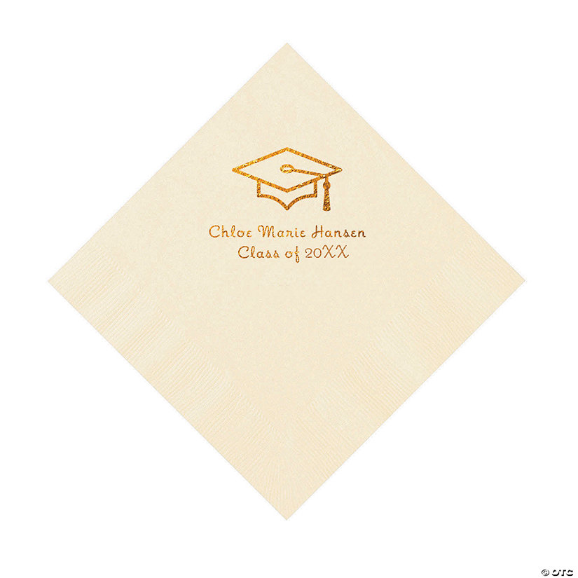 Ivory Grad Mortarboard Personalized Napkins with Gold Foil &#8211; 50 Pc. Luncheon Image Thumbnail