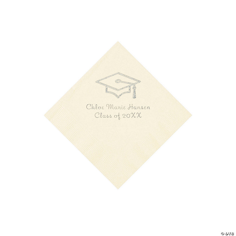 Ivory Grad Mortarboard Personalized Napkins with Silver Foil &#8211; 50 Pc. Beverage Image Thumbnail