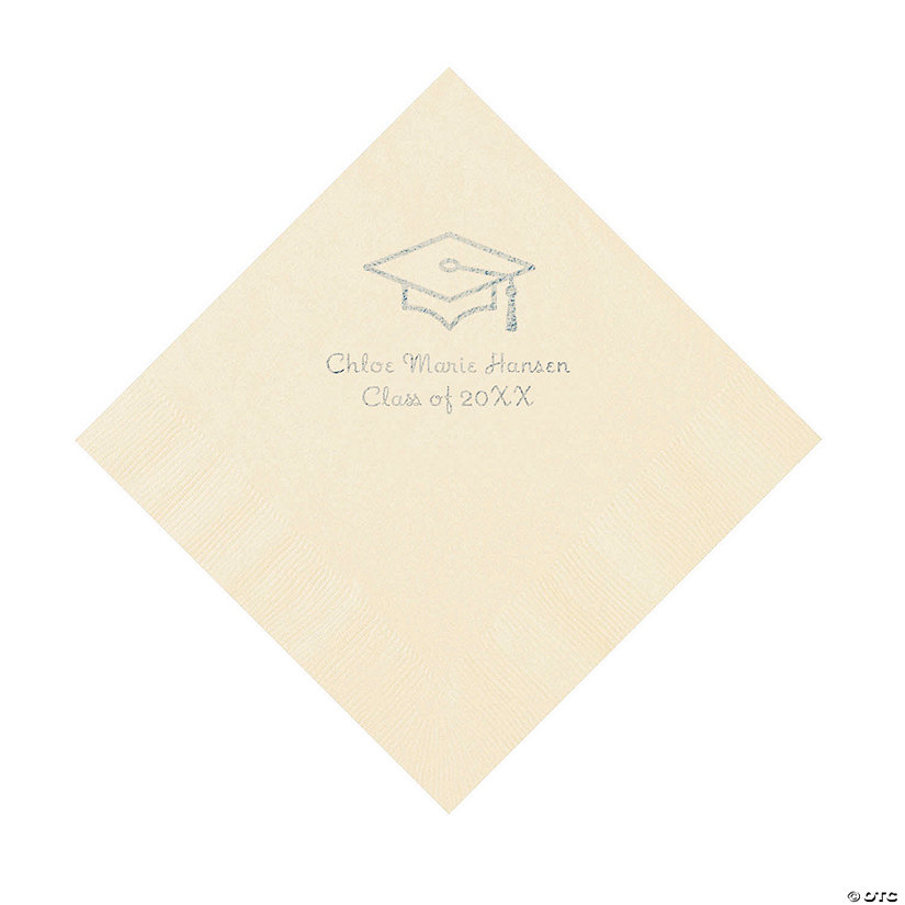 Ivory Grad Mortarboard Personalized Napkins with Silver Foil &#8211; 50 Pc. Luncheon Image Thumbnail