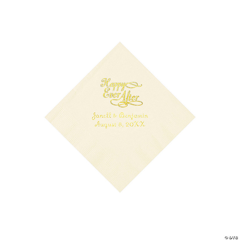 Ivory Happy Ever After Personalized Napkins with Gold Foil - Beverage Image Thumbnail