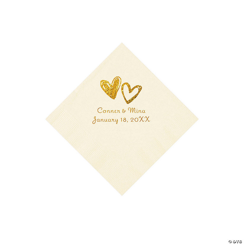 Ivory Hearts Personalized Napkins with Gold Foil - Beverage Image Thumbnail
