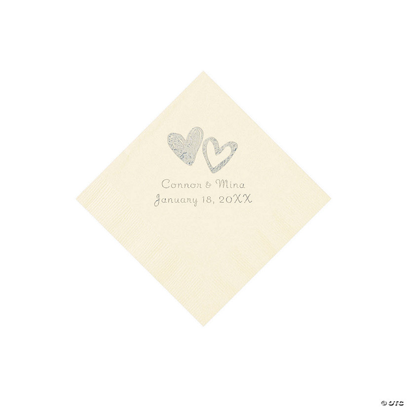 Ivory Hearts Personalized Napkins with Silver Foil - Beverage Image Thumbnail