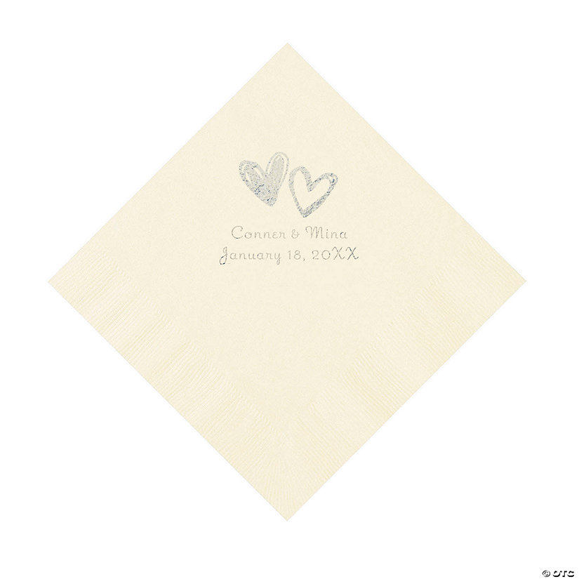 Ivory Hearts Personalized Napkins with Silver Foil - Luncheon Image Thumbnail