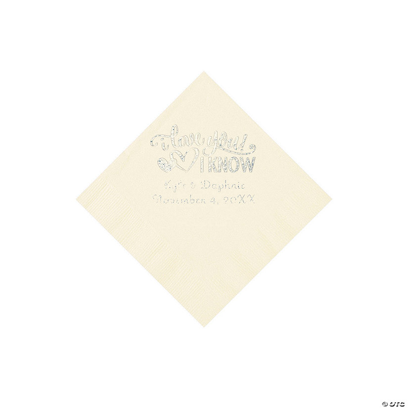 Ivory I Love You, I Know Personalized Napkins with Silver Foil - Beverage Image Thumbnail