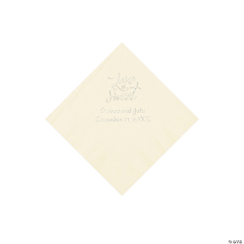 Ivory Love Is Sweet Personalized Napkins with Silver Foil - Beverage Image Thumbnail