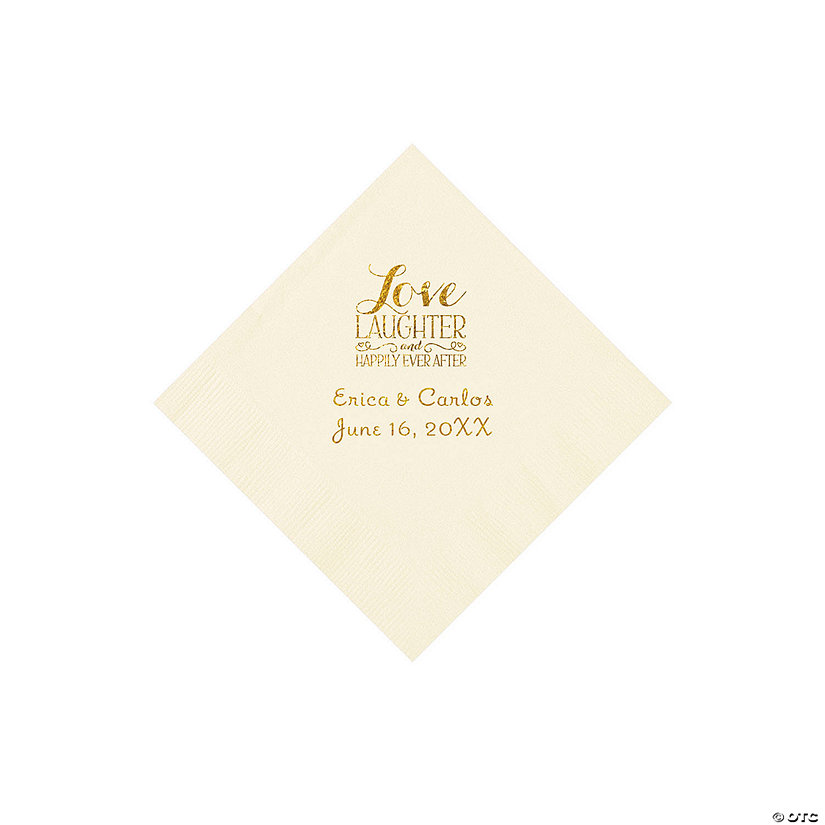 Ivory Love Laughter & Happily Ever After Personalized Napkins with Gold Foil - Beverage Image Thumbnail
