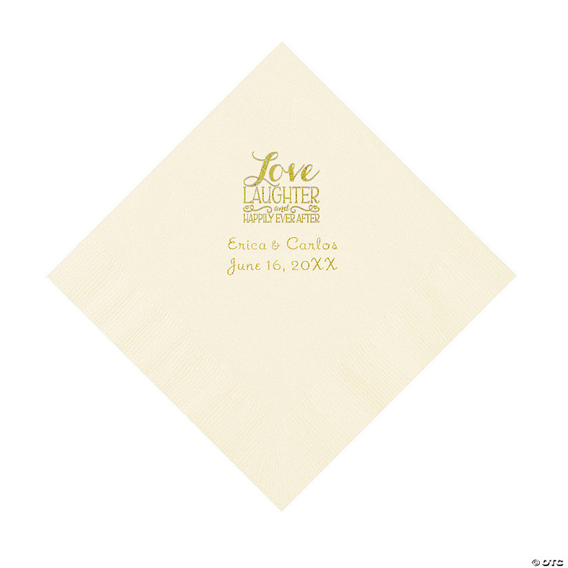 Ivory Love Laughter & Happily Ever After Personalized Napkins with Gold Foil &#8211; Luncheon Image Thumbnail