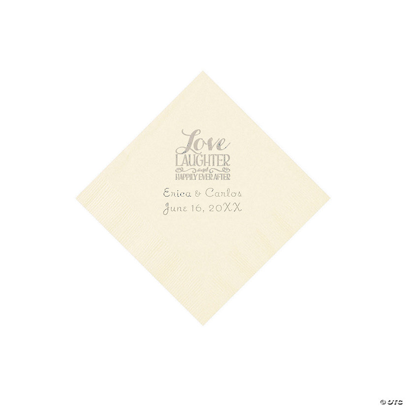 Ivory Love Laughter & Happily Ever After Personalized Napkins with Silver Foil &#8211; Beverage Image Thumbnail