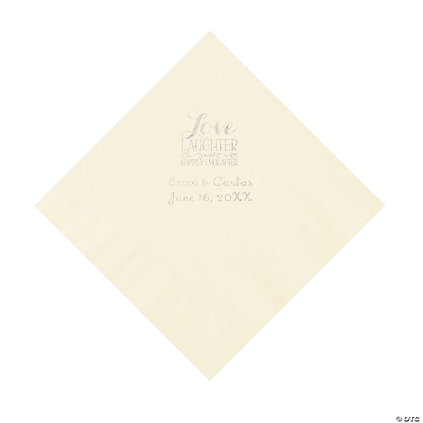 Ivory Love Laughter & Happily Ever After Personalized Napkins with Silver Foil &#8211; Luncheon Image Thumbnail