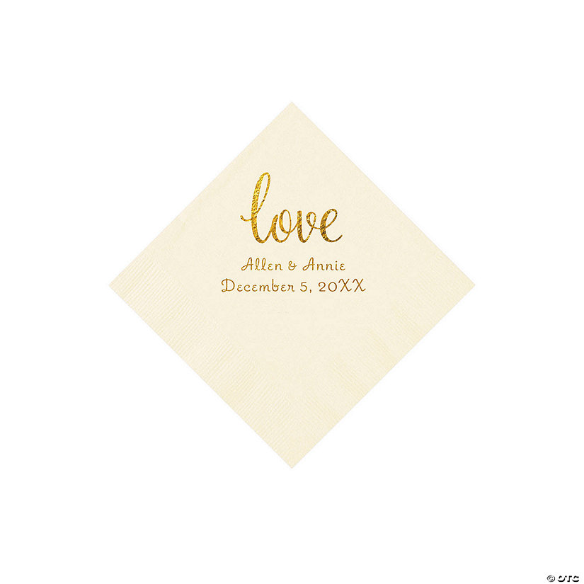 Ivory Love Script Personalized Napkins with Gold Foil - Beverage Image