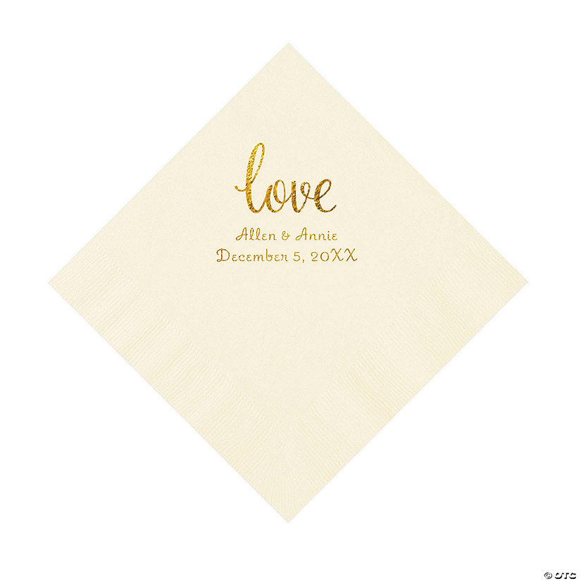 Ivory Love Script Personalized Napkins with Gold Foil - Luncheon Image Thumbnail