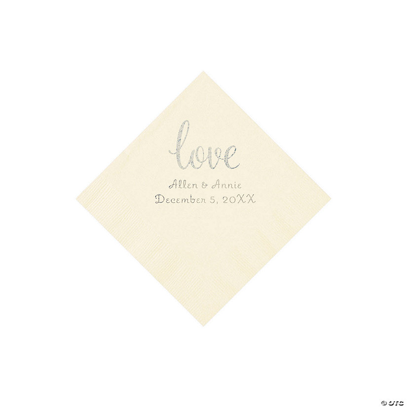 Ivory Love Script Personalized Napkins with Silver Foil - Beverage Image Thumbnail