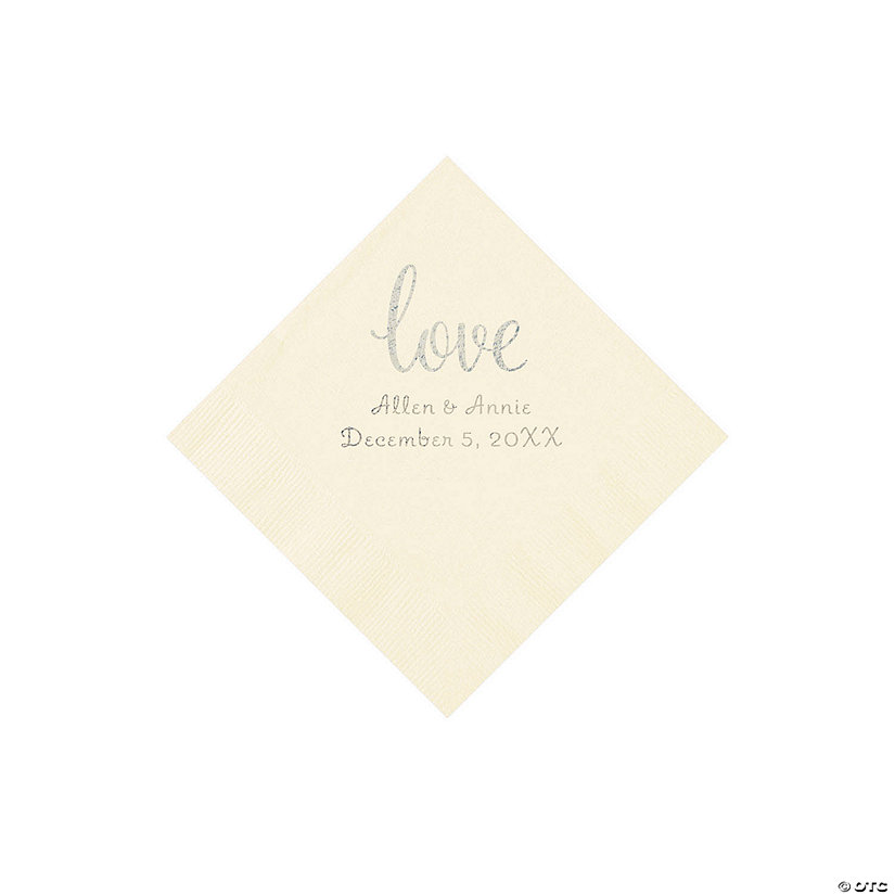 Ivory Love Script Personalized Napkins with Silver Foil - Beverage Image