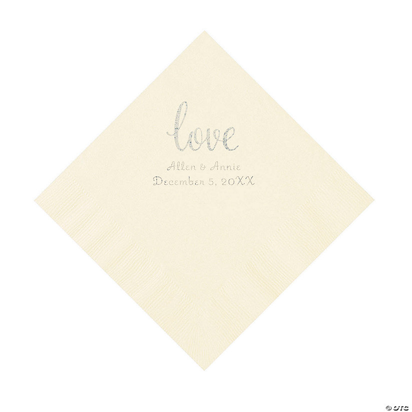Ivory Love Script Personalized Napkins with Silver Foil - Luncheon Image