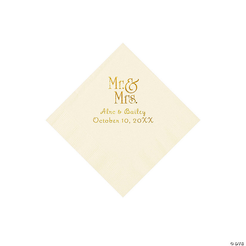 Ivory Mr. & Mrs. Personalized Napkins with Gold Foil - 50 Pc. Beverage Image