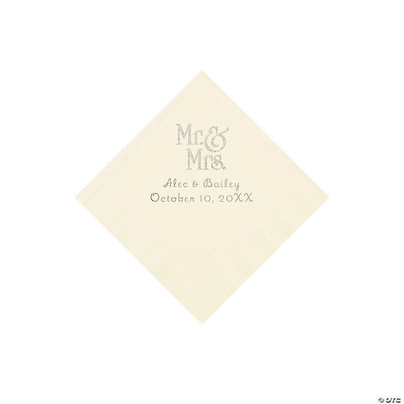 Ivory Mr. & Mrs. Personalized Napkins with Silver Foil - 50 Pc. Beverage Image Thumbnail