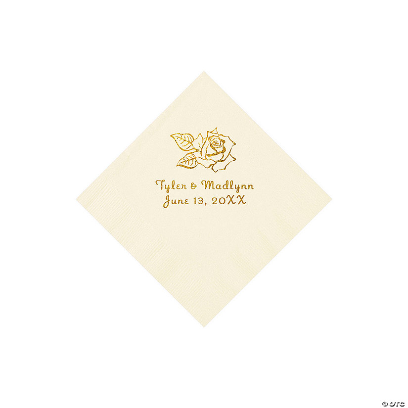 Ivory Rose Personalized Napkins with Gold Foil - 50 Pc. Beverage Image