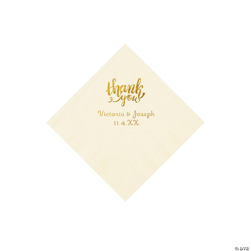 Ivory Thank You Personalized Napkins with Gold Foil - Beverage Image Thumbnail