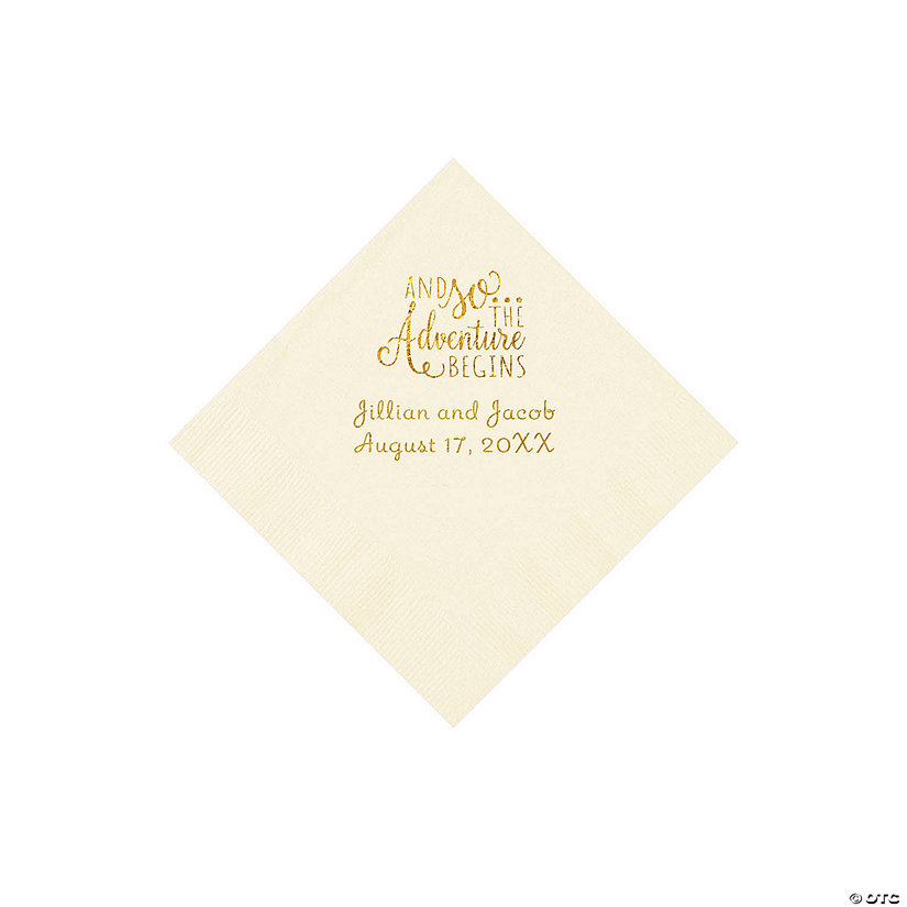 Ivory The Adventure Begins Personalized Napkins with Gold Foil - Beverage Image Thumbnail