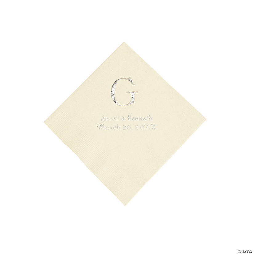 Ivory Wedding Monogram Personalized Napkins with Silver Foil - Beverage Image Thumbnail