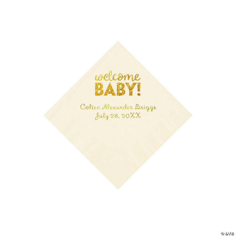 Ivory Welcome Baby Personalized Napkins with Gold Foil - 50 Pc. Beverage Image