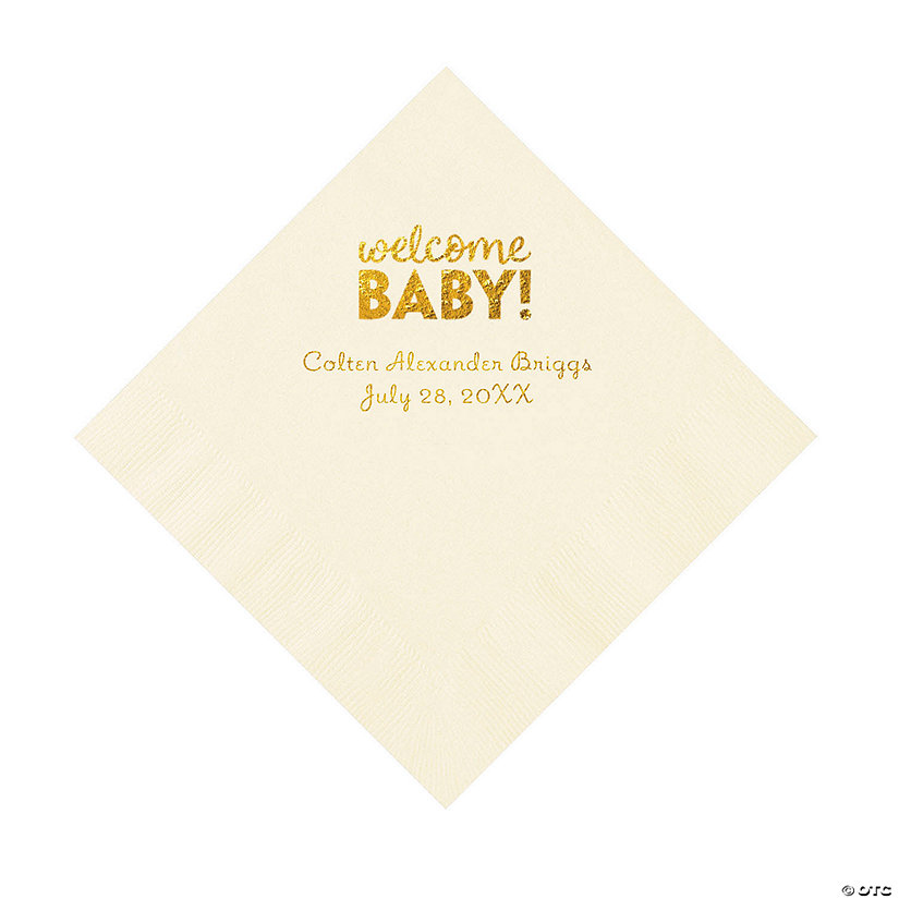 Ivory Welcome Baby Personalized Napkins with Gold Foil &#8211; 50 Pc. Luncheon Image Thumbnail