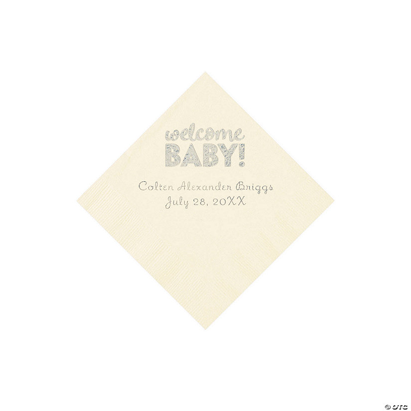 Ivory Welcome Baby Personalized Napkins with Silver Foil - 50 Pc. Beverage Image Thumbnail