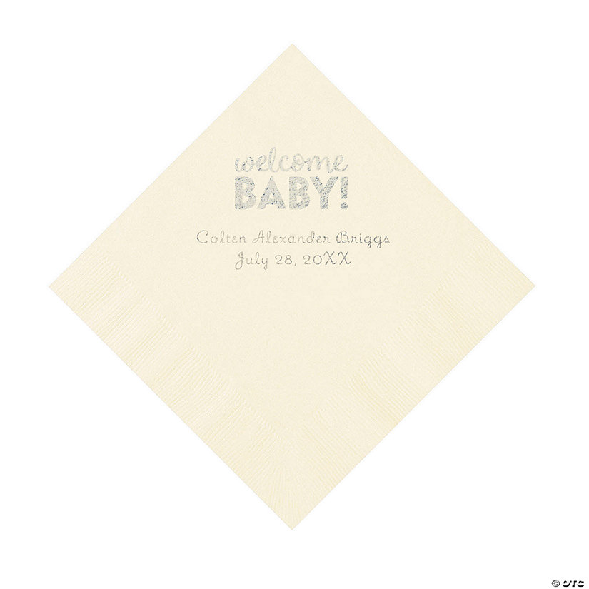 Ivory Welcome Baby Personalized Napkins with Silver Foil &#8211; 50 Pc. Luncheon Image