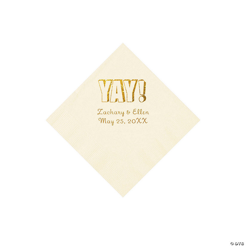 Ivory Yay Personalized Napkins with Gold Foil - Beverage Image Thumbnail