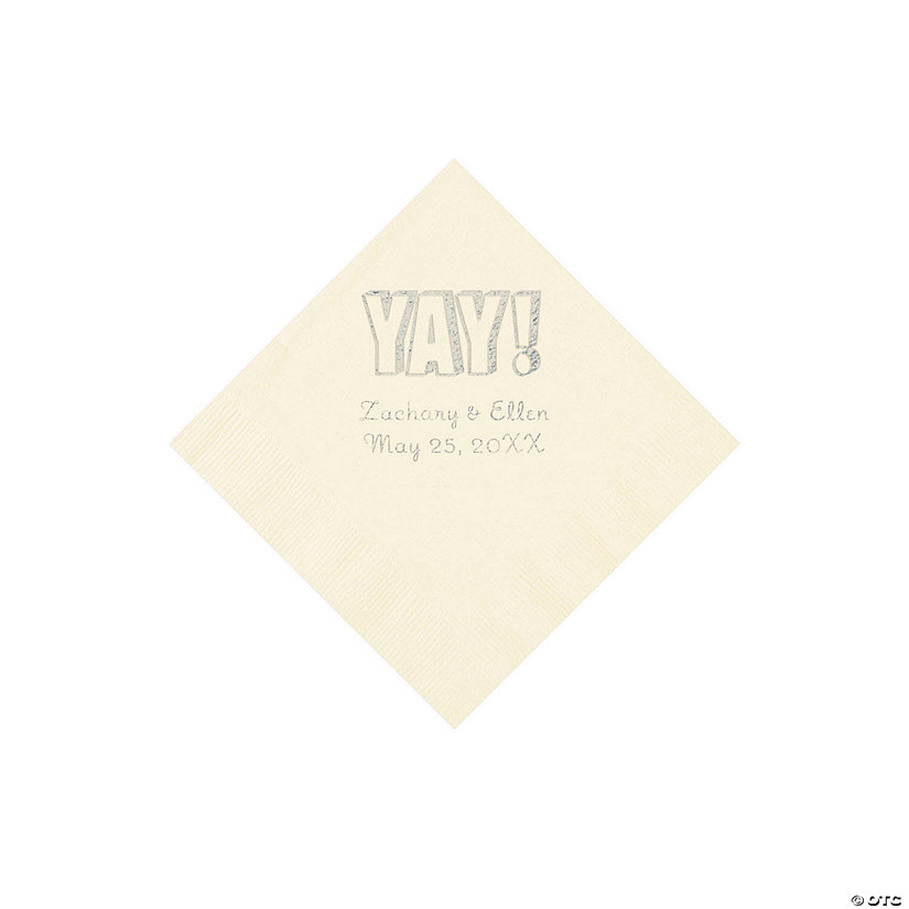 Ivory Yay Personalized Napkins with Silver Foil - Beverage Image Thumbnail