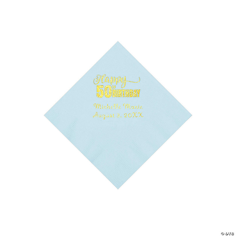 Light Blue 50th Birthday Personalized Napkins with Gold Foil - 50 Pc. Beverage Image Thumbnail