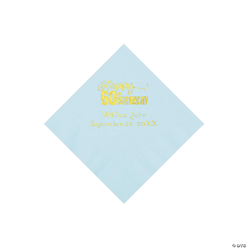 Light Blue 60th Birthday Personalized Napkins with Gold Foil - 50 Pc. Beverage Image Thumbnail