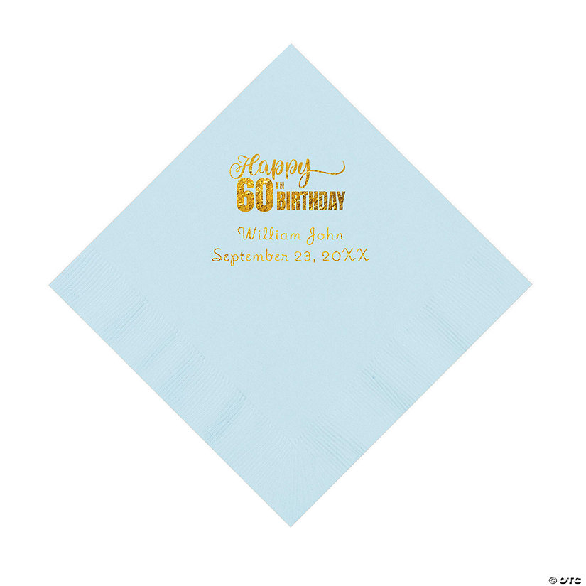 Light Blue 60th Birthday Personalized Napkins with Gold Foil - 50 Pc. Luncheon Image