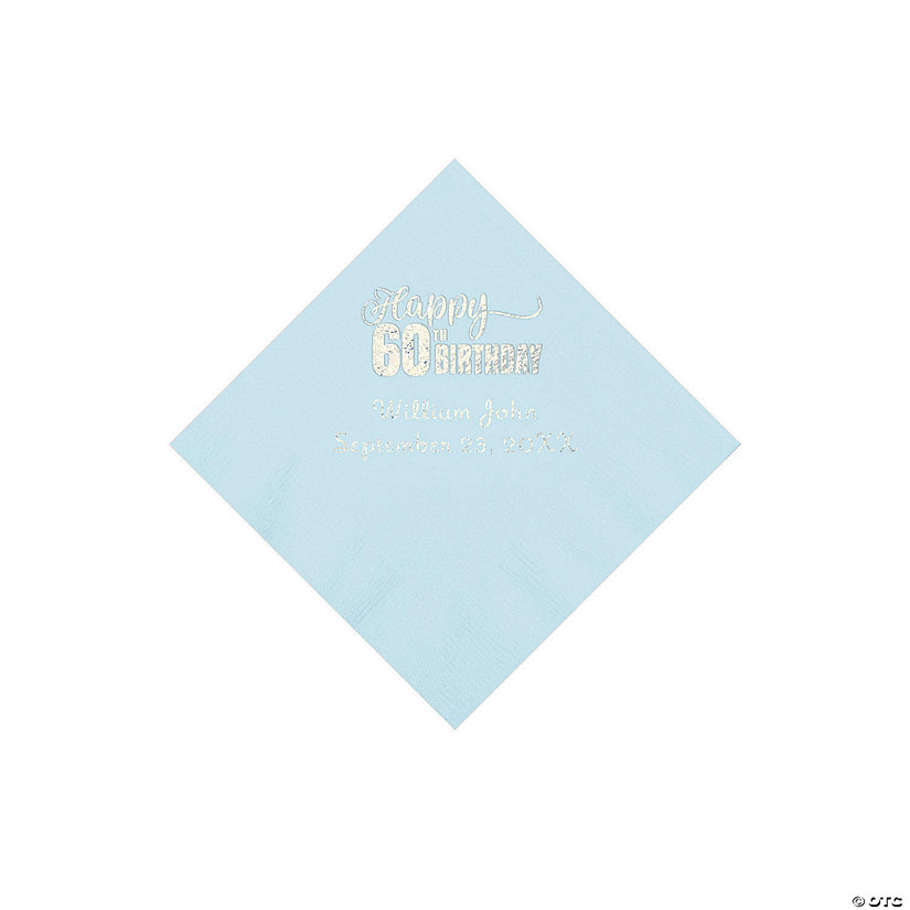 Light Blue 60th Birthday Personalized Napkins with Silver Foil - 50 Pc. Beverage Image