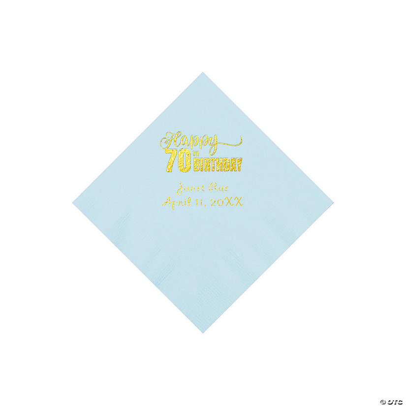 Light Blue 70th Birthday Personalized Napkins with Gold Foil - 50 Pc. Beverage Image