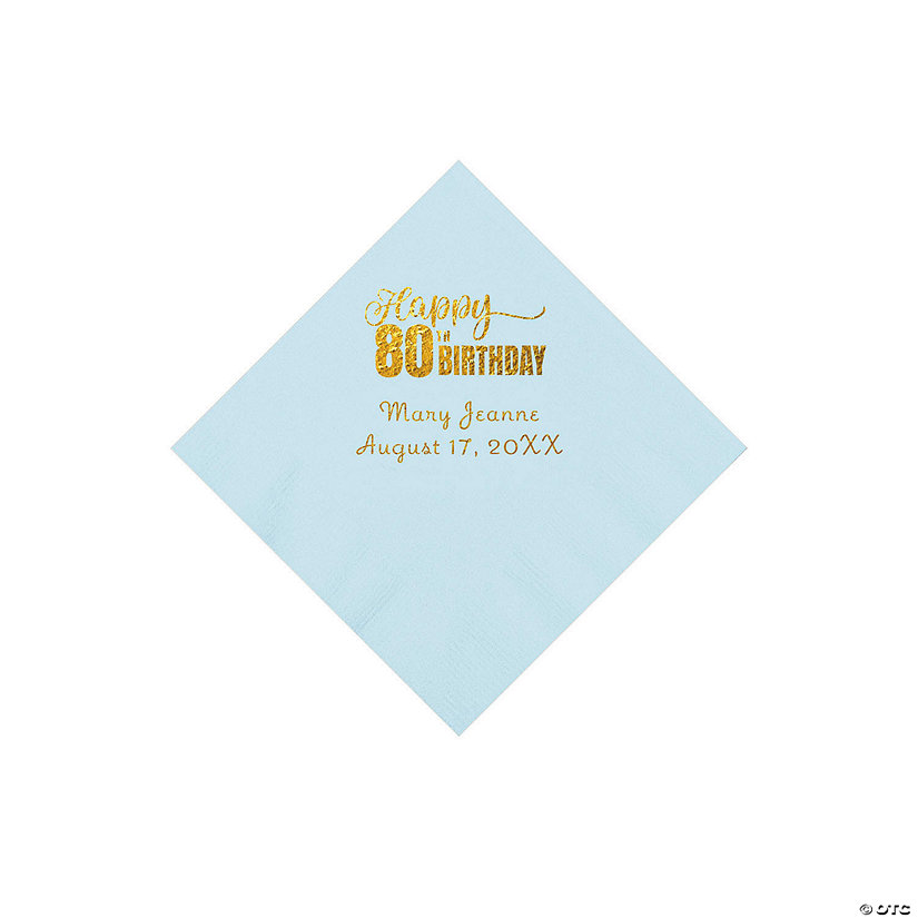 Light Blue 80th Birthday Personalized Napkins with Gold Foil - 50 Pc. Beverage Image
