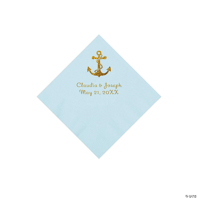 Light Blue Anchor Personalized Napkins with Gold Foil - Beverage Image Thumbnail