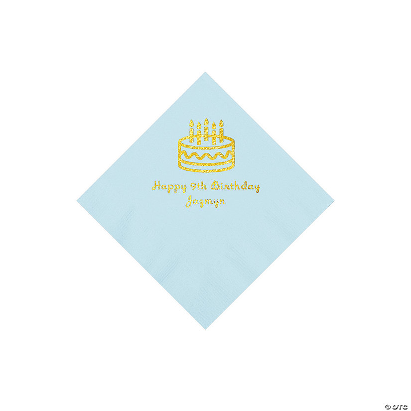 Light Blue Birthday Cake Personalized Napkins with Gold Foil - 50 Pc. Beverage Image Thumbnail