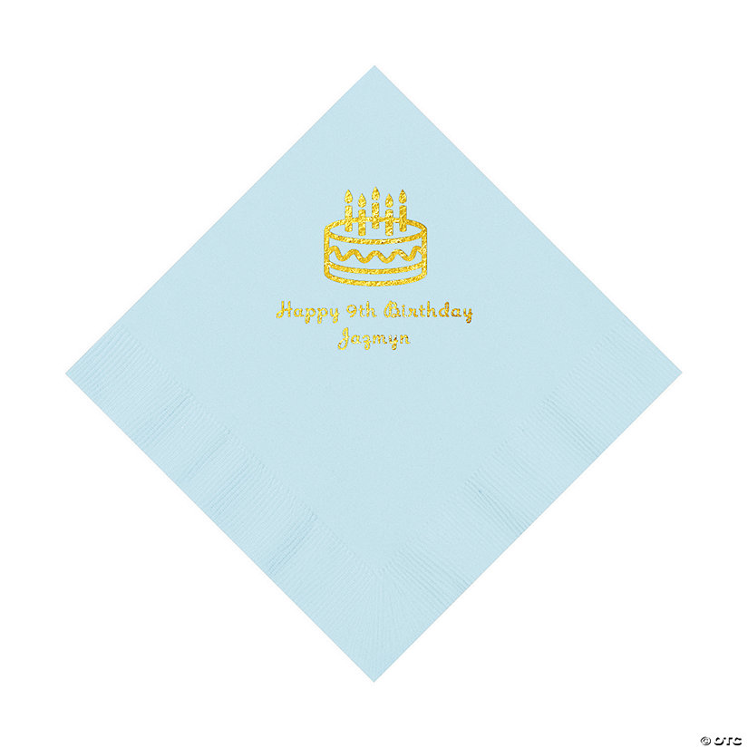 Light Blue Birthday Cake Personalized Napkins with Gold Foil - 50 Pc. Luncheon Image