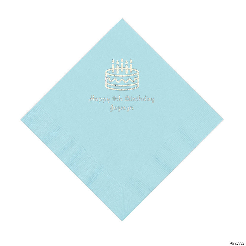 Light Blue Birthday Cake Personalized Napkins with Silver Foil - 50 Pc. Luncheon Image