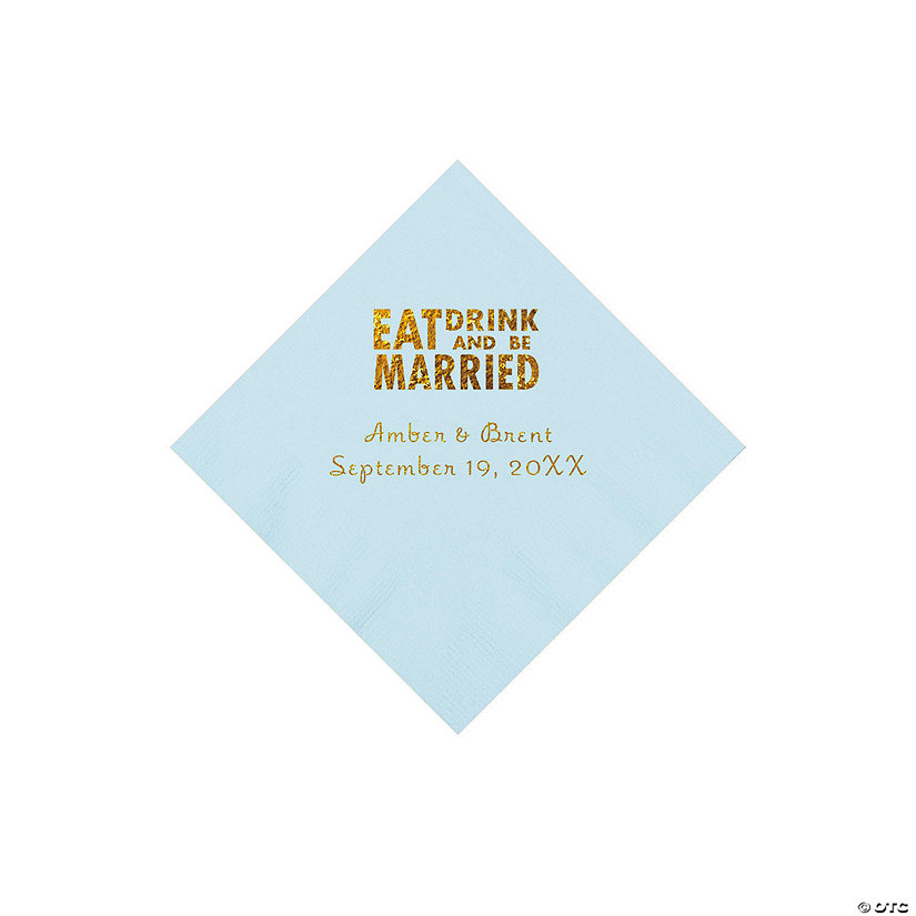 Light Blue Eat Drink & Be Married Personalized Napkins with Gold Foil - 50 Pc. Beverage Image