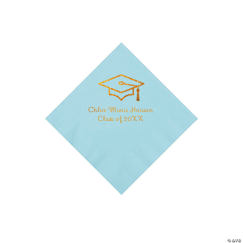 Light Blue Grad Mortarboard Personalized Napkins with Gold Foil &#8211; 50 Pc. Beverage Image Thumbnail