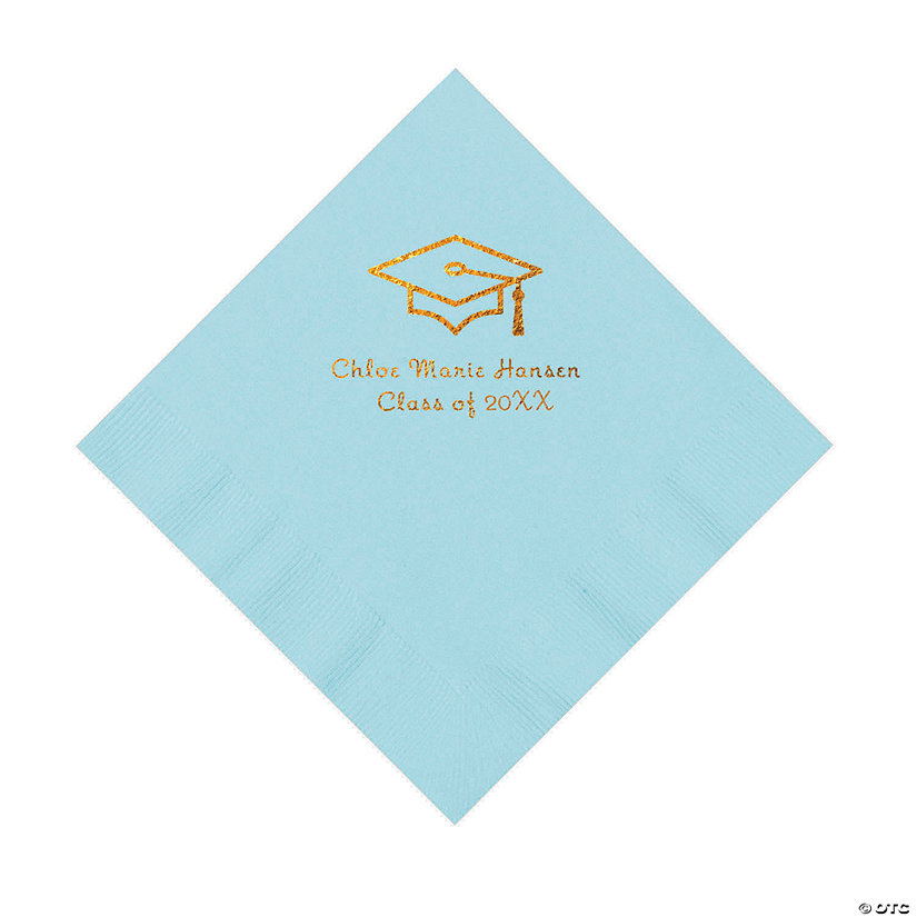 Light Blue Grad Mortarboard Personalized Napkins with Gold Foil &#8211; 50 Pc. Luncheon Image