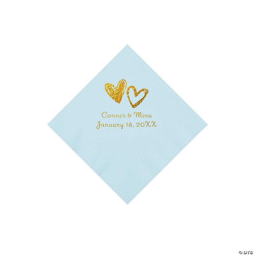 Light Blue Hearts Personalized Napkins with Gold Foil - Beverage Image Thumbnail