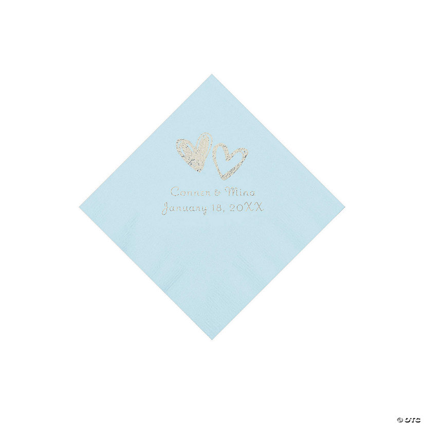 Light Blue Hearts Personalized Napkins with Silver Foil - Beverage Image Thumbnail